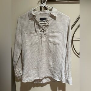 Lands' End Beige and White Striped Lace-Up Pullover Top Size 6P 100% Linen